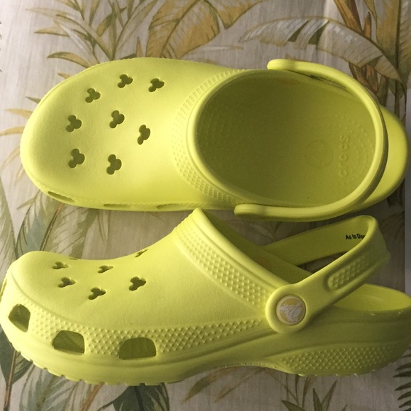 neon yellow disney crocs